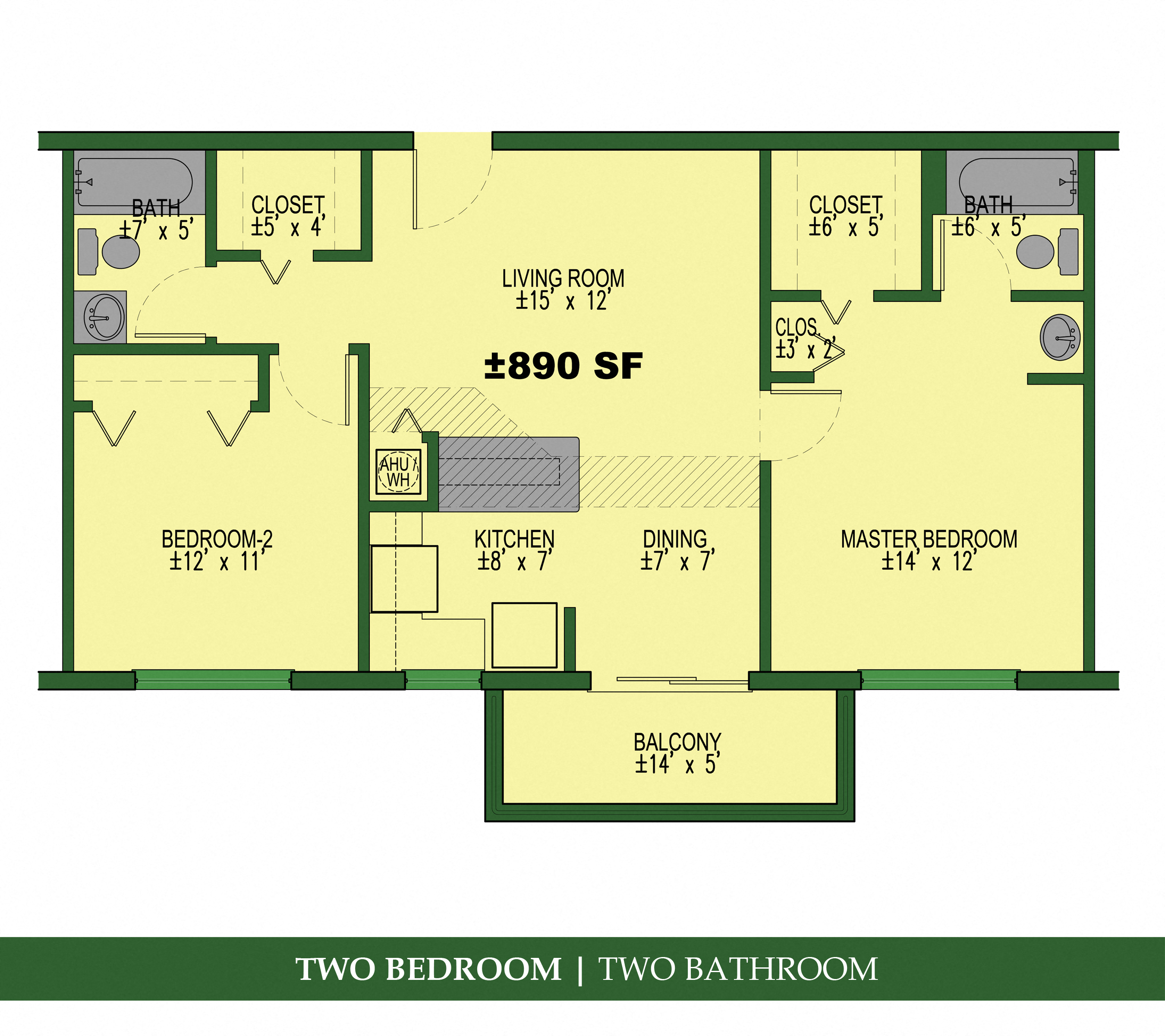 Floor plan for 2 beds, 2 baths, 839 sqft